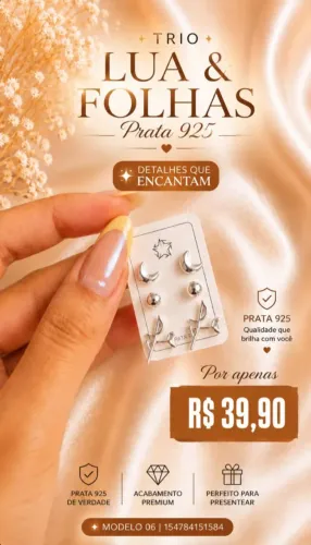 Trio de Brincos Lua e Folhas Prata 925