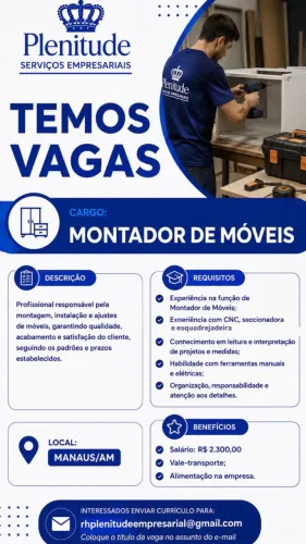 VAGA DE EMPREGO: MONTADOR DE MÓVEIS