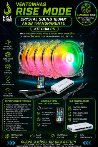 Ventoinhas Rise Mode Crystal Sound 120mm ARGB Transparente Kit com 05 (NOVO/LACRADO!)