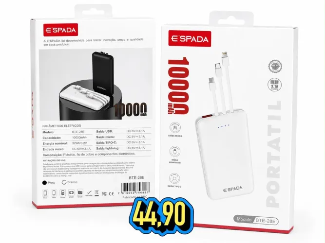 Carregador portátil 10000 mAh com três cabos