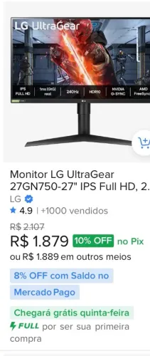 Monitor de 27? Polegadas LG GAMER, IPS FULL HD, 1ms, 240MHz, HDR10, G-SYNC, FREE SYNC