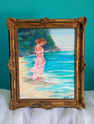 Quadro - acrílico sobre tela - A menina e o mar 