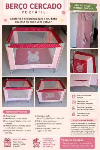 Berço Cercado Portátil Voyage - Rosa | Acompanha Bolsa de Transporte