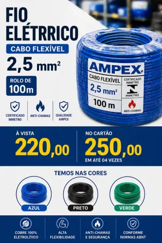 Fio Elétrico Cabo Flexível 2,5mm Rolo de 100m - Certificado INMETRO | Anti-chamas | Ampex