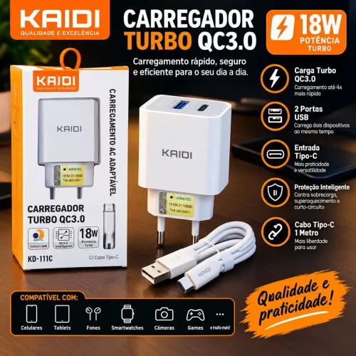 Carregador Kaidi Turbo QC3.0 18W + Cabo Tipo-C - KD-111C