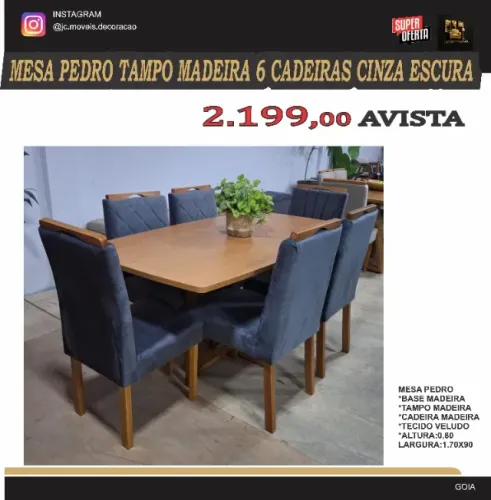 MESA PEDRO TAMPO MADEIRA 6 CADEIRAS
