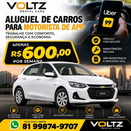 Aluguel de Carro para Uber e 99 | Onix Hatch | R$ 600 por Semana