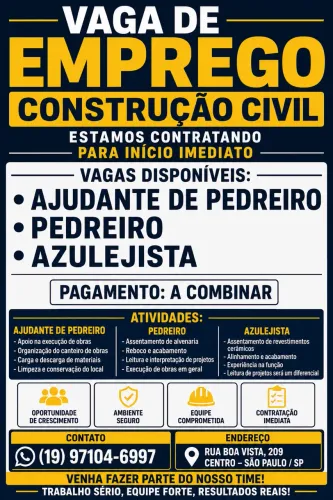 VAGA DE EMPREGO - CONSTRUÇÃO CIVIL