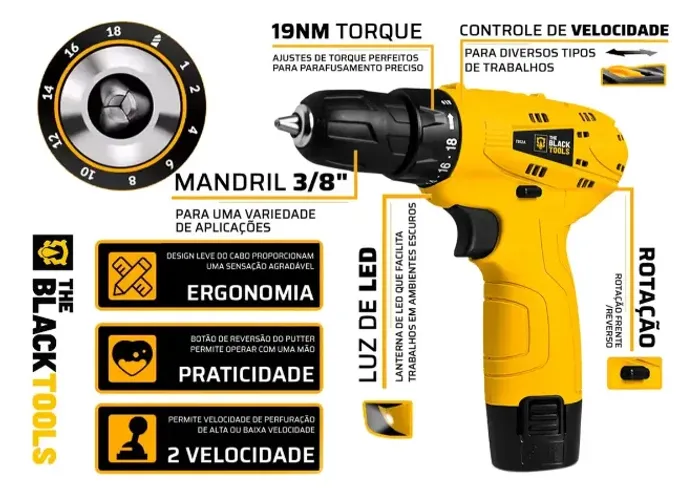 Parafusadeira Furadeira 3/8" 10mm a Bateria The Black Tools - Nova