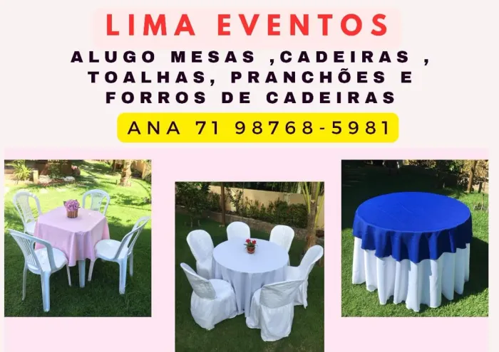 Aluguel de mesas , cadeiras , toalhas e pranchões para eventos 