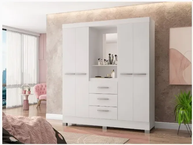Guarda roupa para solteiro c/espelho branco rosa flex - montagem grátis