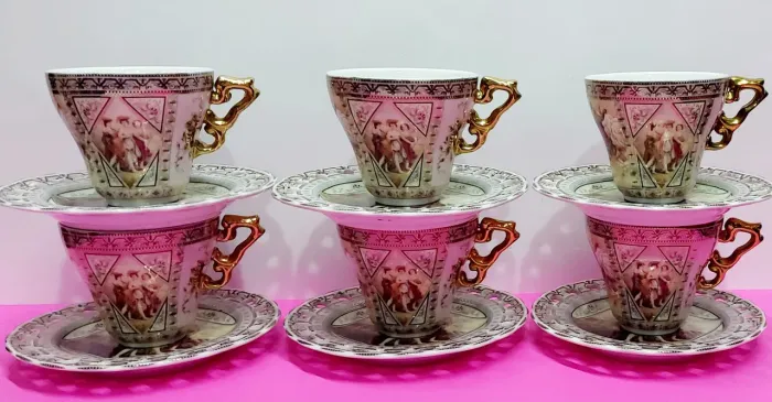 Jogo 06 Xícaras De Chá Porcelana Estilo Art'noveu Importada Cenas Galantes 