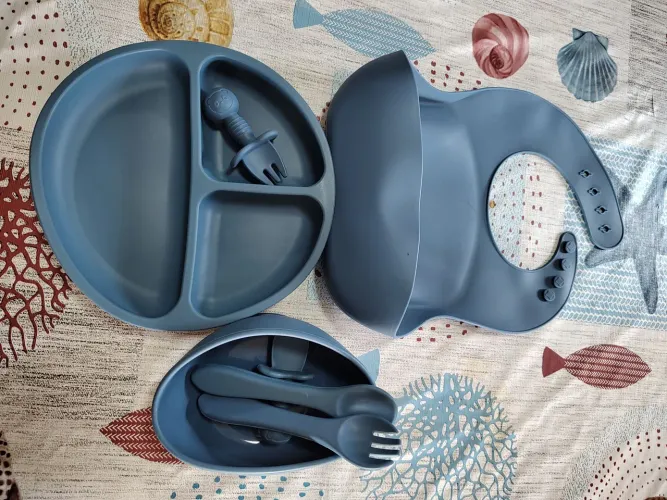 Kit de Babador e Pratos Silicone Bebê Azul