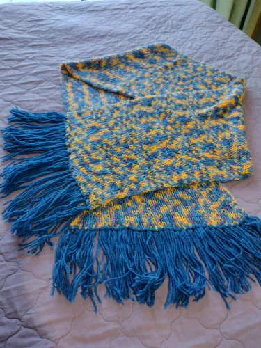 Xale de Lã em Tricô Artesanal - Azul e Amarelo