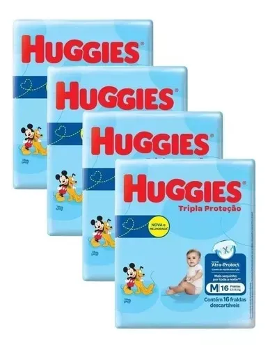 Kit 4 Fraldas Huggies Tripla proteção M - 64 unidades (Total)