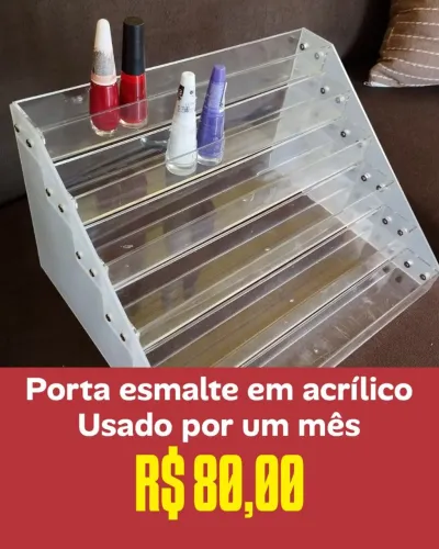Porta esmalte, em acrílico, novo. Foi apenas montado mas sem uso. R$ 80,00
