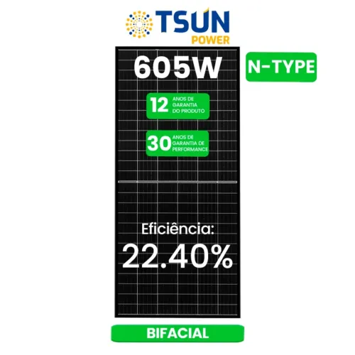 Painel Solar TSUN 605W N-TYPE Bifacial - Alta Eficiência!