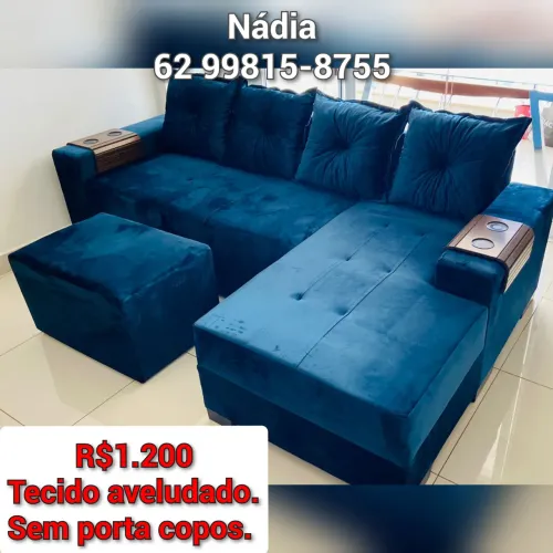 Sofá com chaise azul veludo,,, espuma D33
