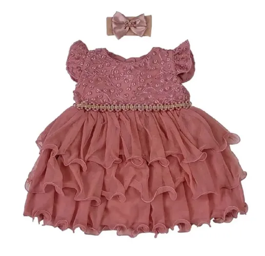 Vestido infantil de festa rosa + Tiara