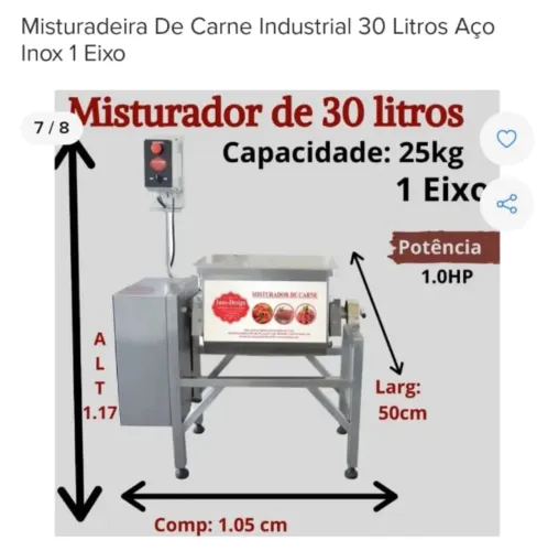Misturadeira de carne industrial, 30 litros, aço inox , 1 eixo