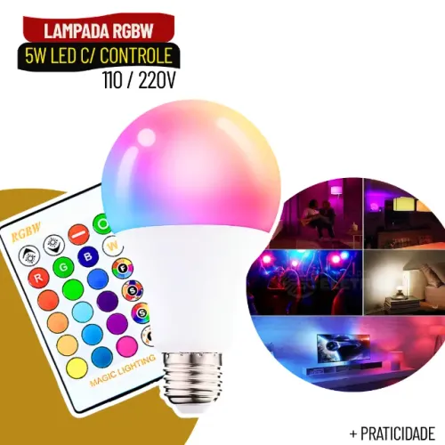 Lâmpada Bulbo LED RGBW 5W E27 Bivolt com Controle Remoto Colorida - SCS53