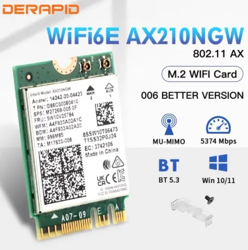 Placa WiFi 6E, Intel AX210NGW NGFF, Bluetooth 5.3, desktop e notebook