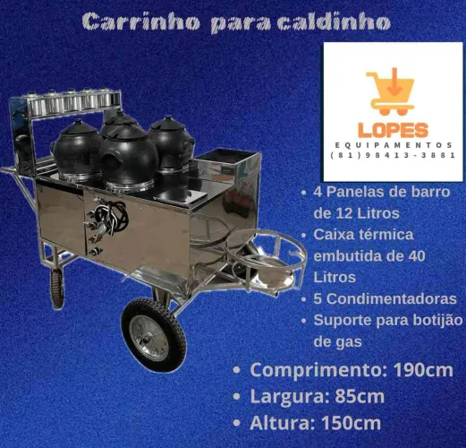 Carrinho de caldinhos,caldos,ensopados,sopas em inox em com sistema de gás em até 10x 