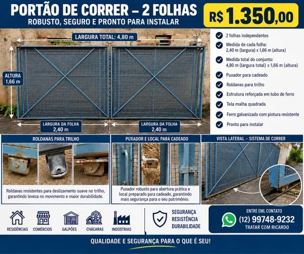 Portão de grade com roldanas e puxador duas peças
