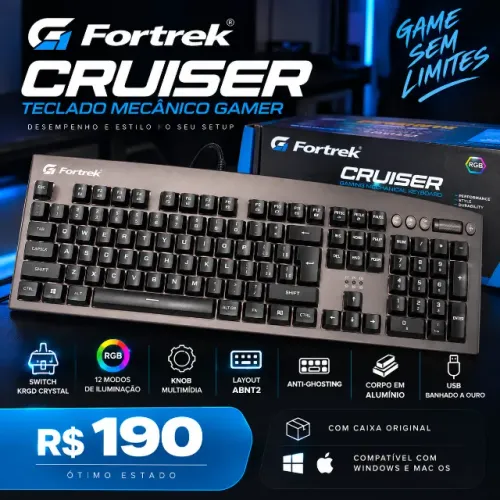 Teclado Mecânico Gamer Fortrek Cruiser RGB ABNT2 + Knob | R$ 190