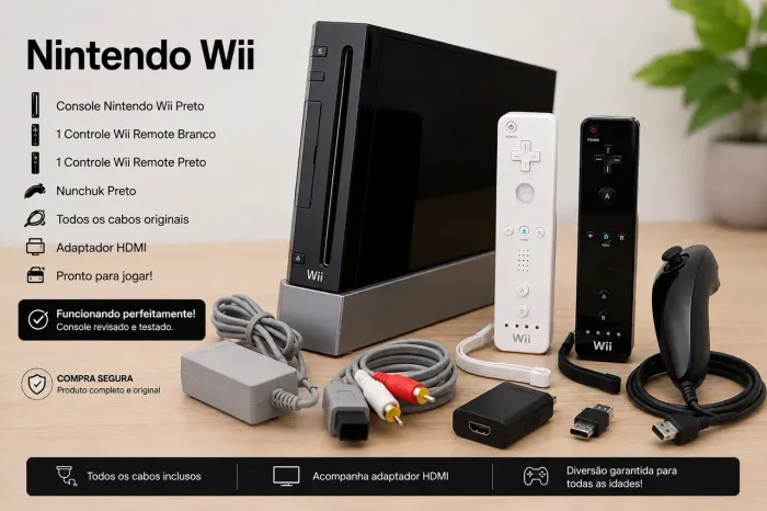 Nintendo Wii com 2 controles e cabos mais adaptador HDMI