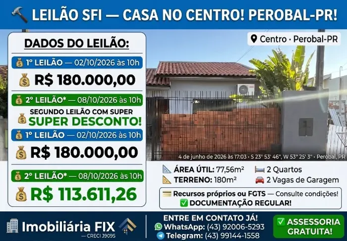 ? LEILÃO SFI ? CASA NO CENTRO! PEROBAL-PR!
