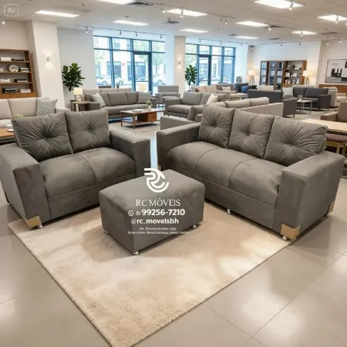 Conjunto Sofá 2 e 3 Lugares Puff Suede Cinza D33 Durável