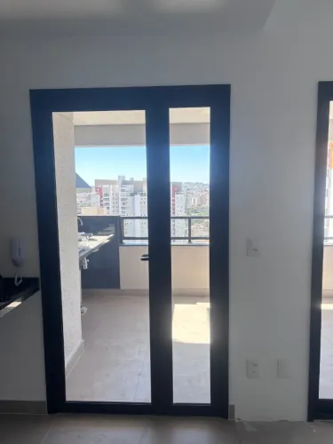 Porta de giro em vidro com esquadria preta, 1,24larg x 2,17 altura