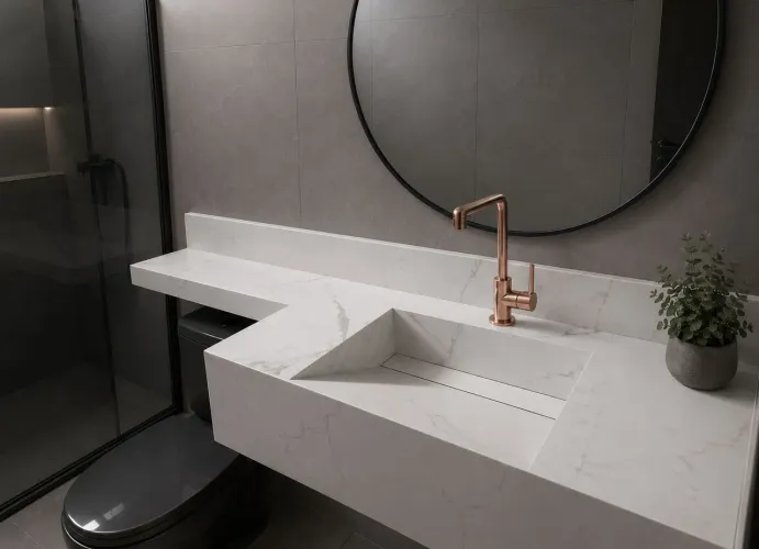 Banheiro minimalista com bancada de porcelanato