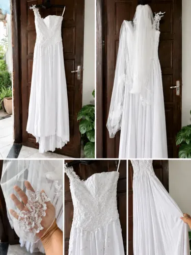 Vestido de Noiva + Véu bordado em perfeito estado