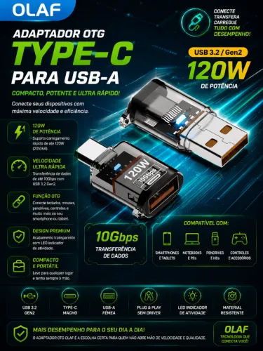 Adaptador OTG Olaf 120w Tipo C Para USB 3.2 (Novo/Lacrado)