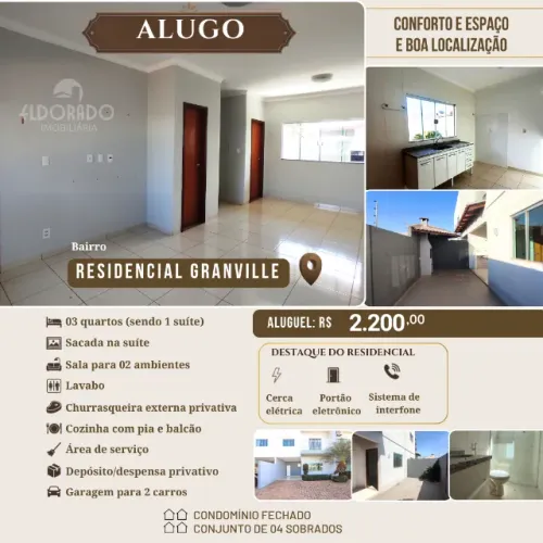 ALUGO | SOBRADO, em Condomínio, 03 Quartos, Granville I, Rondonopolis/MT