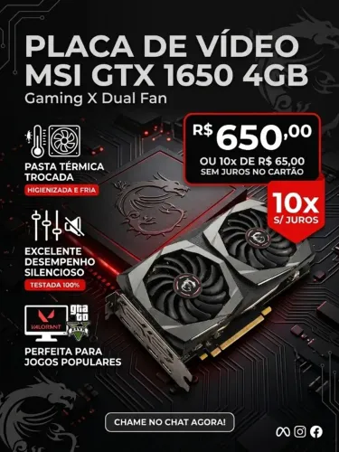 Placa de Vídeo MSI GTX 1650 4GB Gaming X Dual Fan (10x s/ Juros + Entrega)