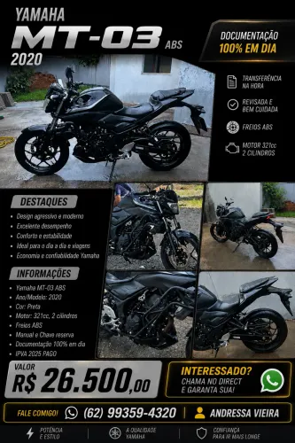 Yamaha MT-03 ABS 2020 - Revisada, Documentação OK, Transferência na Hora
