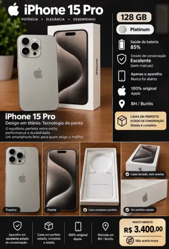 iPhone 15 Pro 128GB - cor Titanium - Sem Marcas, na caixa original