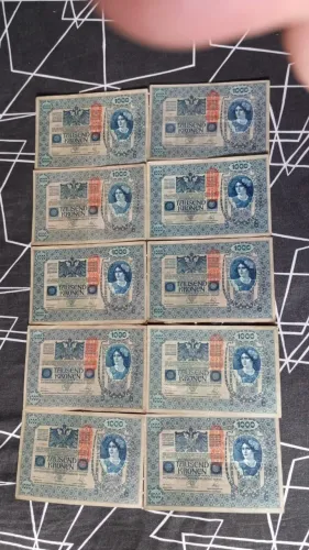 Lote 4 - 10 Cédulas Antigas 1000 Coroas (Kronen) 1902 Áustria Carimbo / Sobreimpressão
