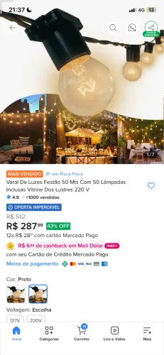 Varal De Luzes Festão 50 Mts Com 50 Lâmpadas Inclusas Vitrine Dos Lustres