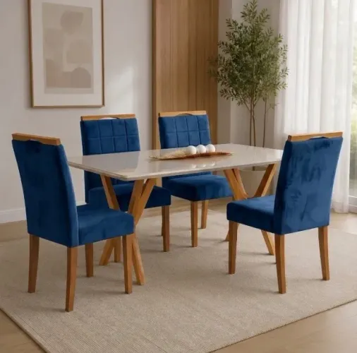 Conjunto de Jantar Belluno Cinamomo Off White com 4 Cadeiras Veludo Azul