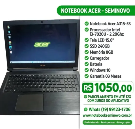 Notebook Acer i3-7020U - Mem 8GB SSD 240GB Tela 15.6"