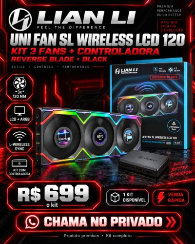 Kit 3 Fans Lian Li SL Wireless LCD 120 Reverse Black + Controladora