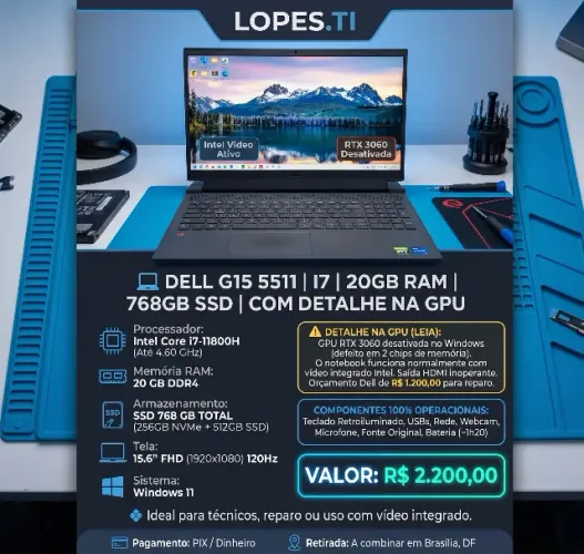 Dell G15 5511 | Core i7 11ª Gen | 20GB RAM | Dual SSD 768GB | Tela 120Hz