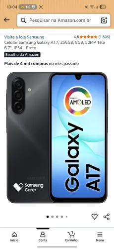 Celular Samsung Galaxy A17, 256GB, 8GB, 50MP Tela 6.7", IP54 - Preto