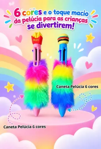 Papelaria Fofa 2 Canetas 6 Cores com Pelúcia Presente Natal Amigo Oculto Criança
