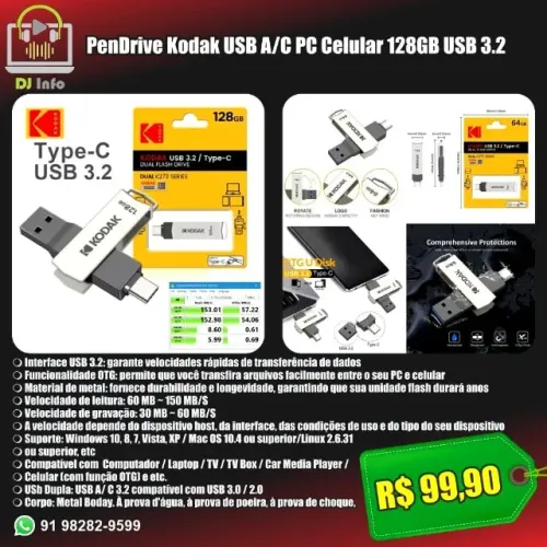 PenDrive Kodak USB A/C PC Celular 128GB USB 3.2