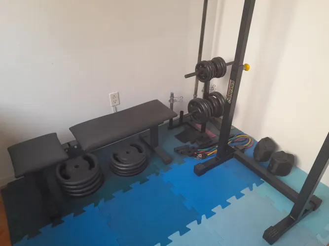Kit academia anilhas, barra, banco e suporte